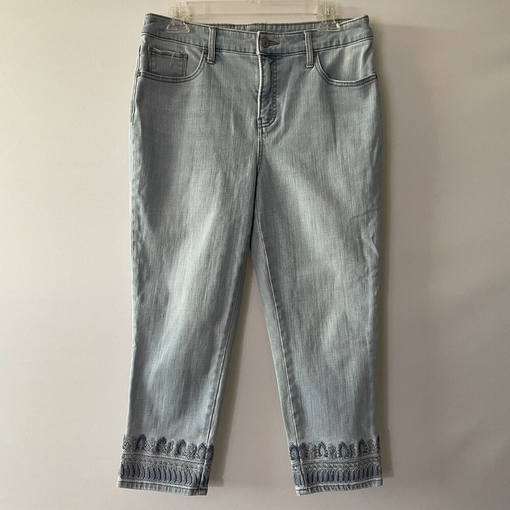 Chico's So Slimming Girlfriend Slim Crop Jeans Embroidered Blue Sz 1, US 8